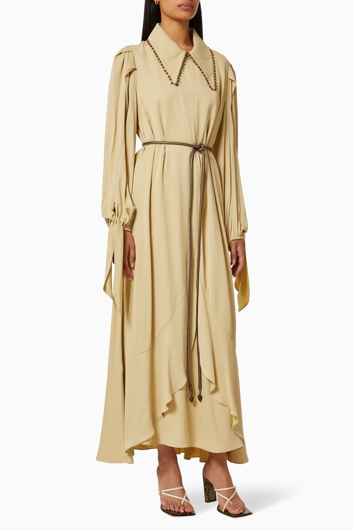 

Belted Dress with Beaded Trim, Green