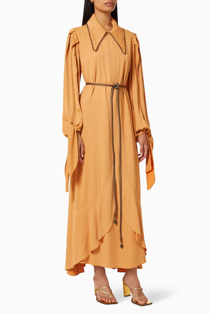 Belted Dress with Beaded Trim, Orange