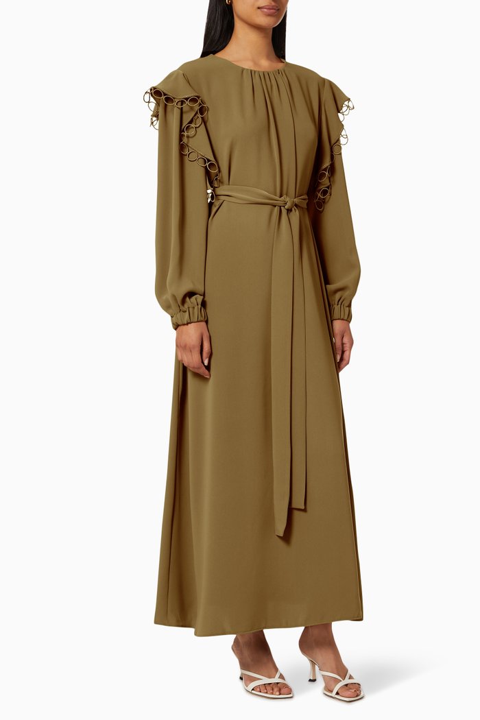 

Belted Dress with Embroidered Trim, Green