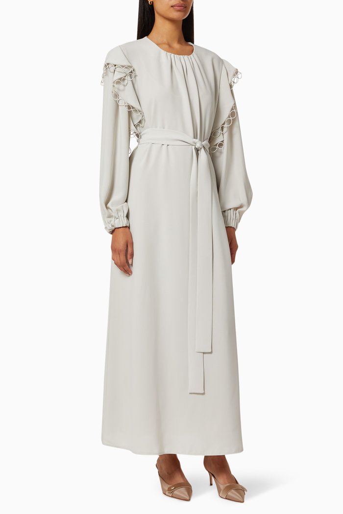 

Belted Dress with Embroidered Trim, White