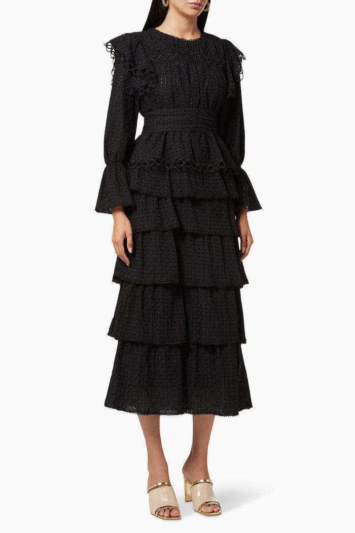 

Tiered Dress with Embroidery, Black