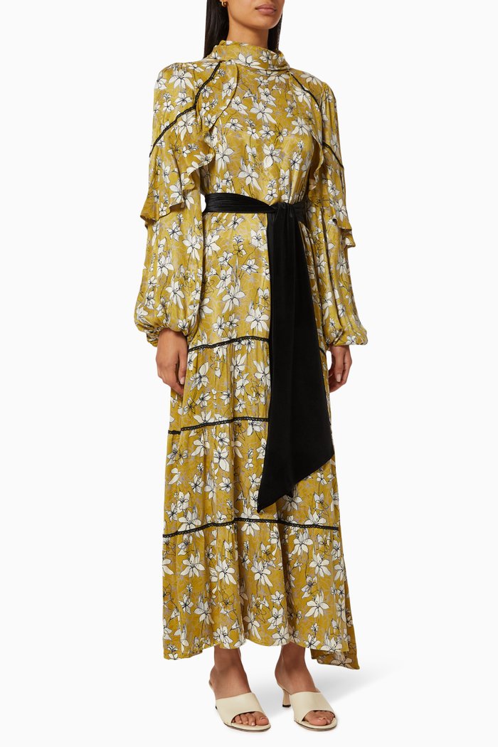 

Floral Tiered Dress with Belt, Yellow