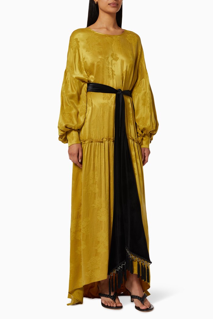 Fringe Belted Dress in Floral Jacquard, Yellow