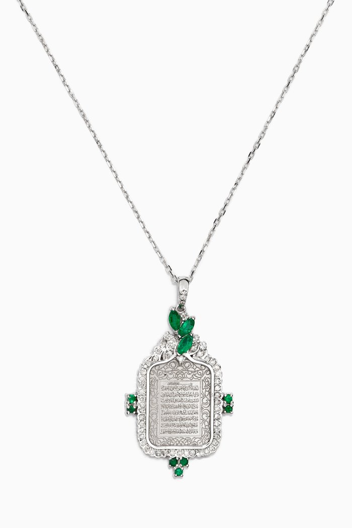 

Ayut al Kursi Emerald Pendant with Diamonds in 18kt White Gold, Silver