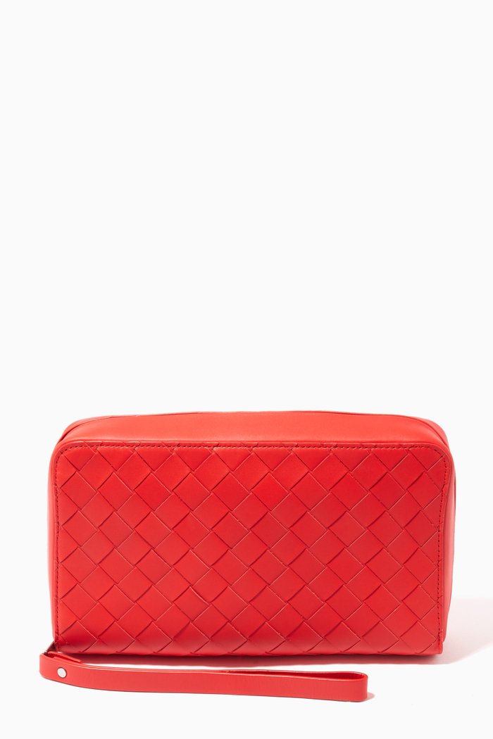 Zip-around Wallet in Intrecciato Calfskin, Red