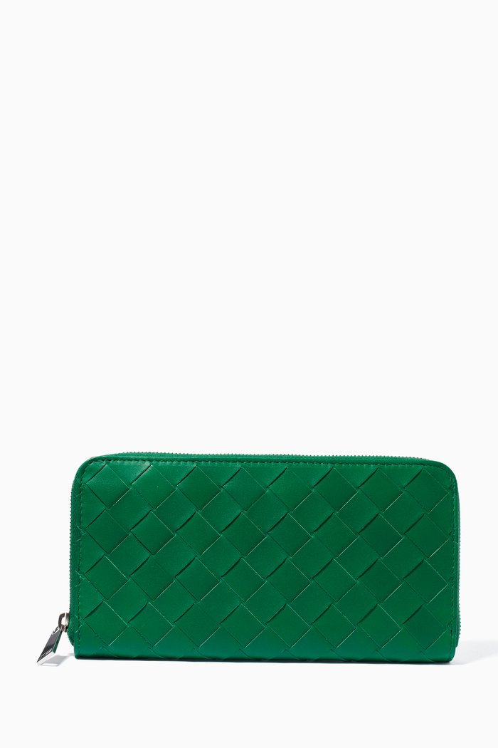 

Zip-around Wallet in Intrecciato Calfskin, Green
