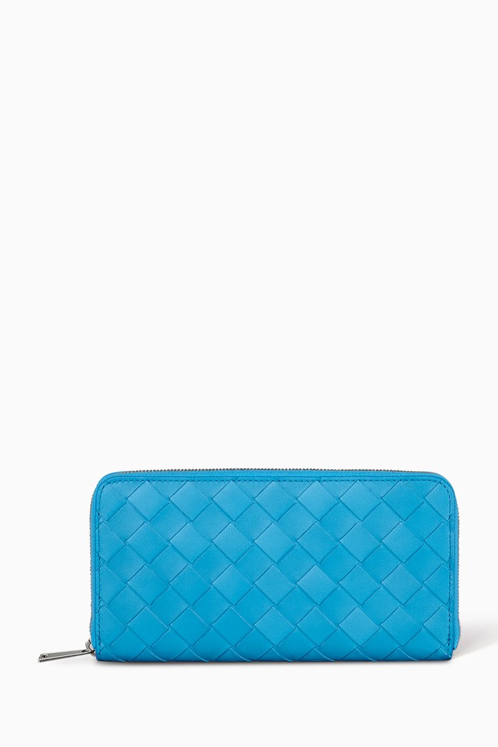 

Zip-around Wallet in Intrecciato Calfskin, Blue