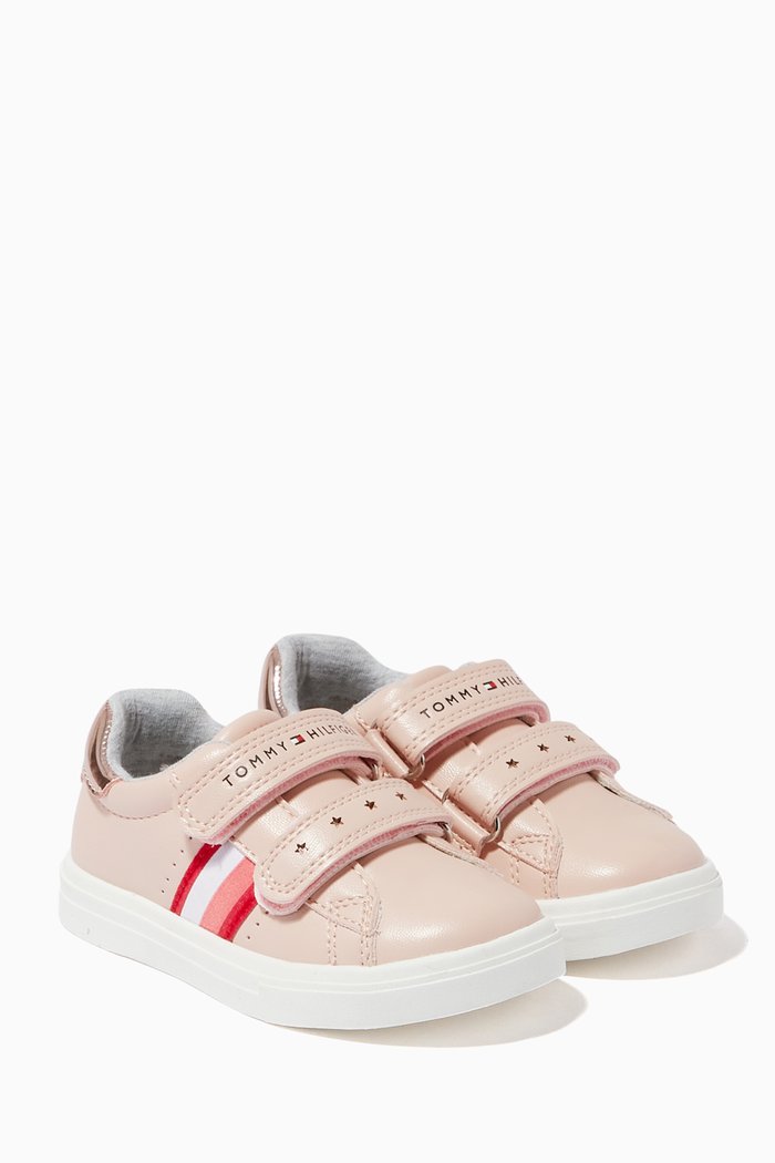 

Logo Flag Velcro Sneakers in Faux Leather, Pink