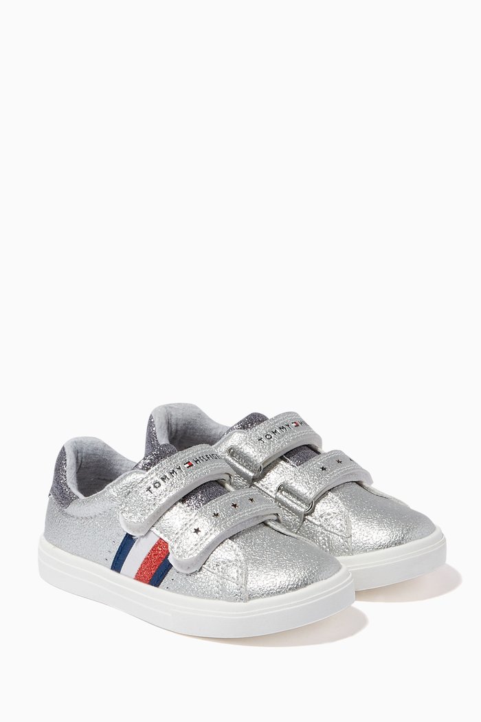 

Logo Flag Velcro Sneakers in Faux Leather, Silver