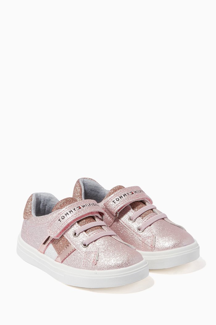 

Logo Flag Velcro Sneakers in Faux Leather, Pink