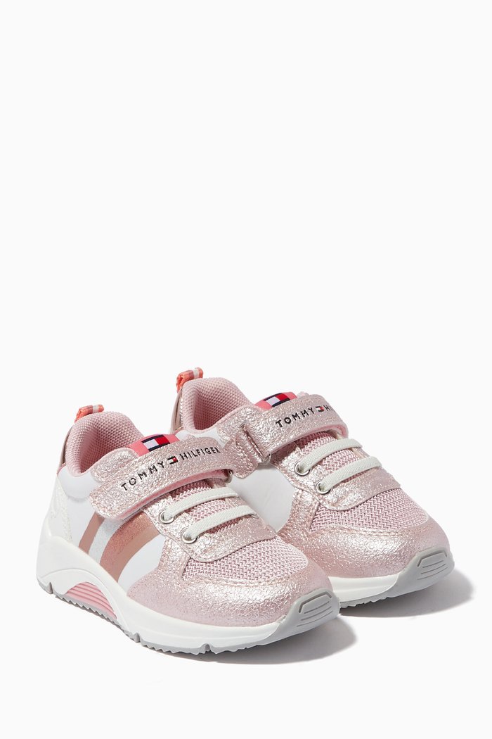 

Logo Flag Velcro Sneakers in Faux Leather, Pink
