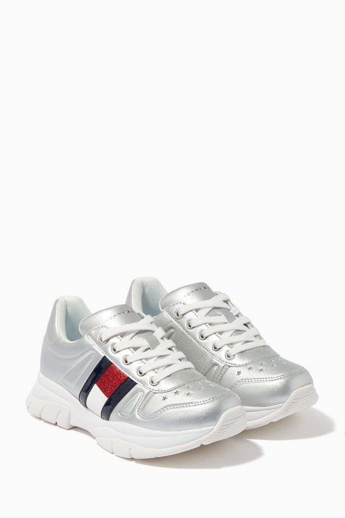 

Logo Flag Sneakers in Faux Leather, Silver