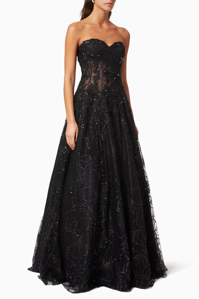

Corset Lace Gown with Beaded Embroidery, Black