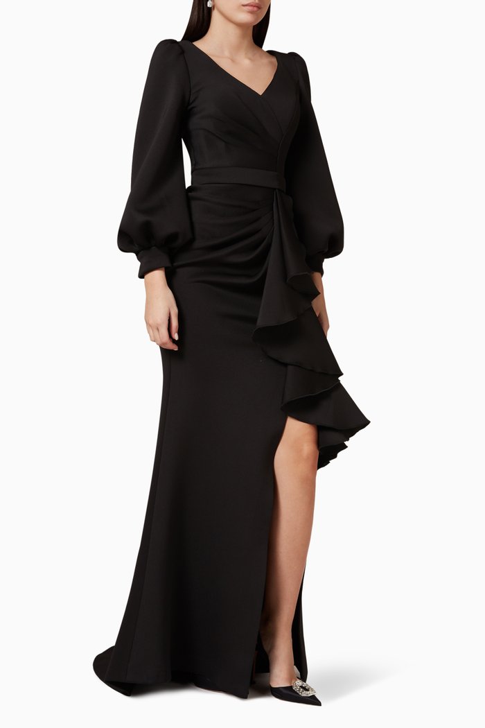 

Ruched Gown with Ruffles, Black