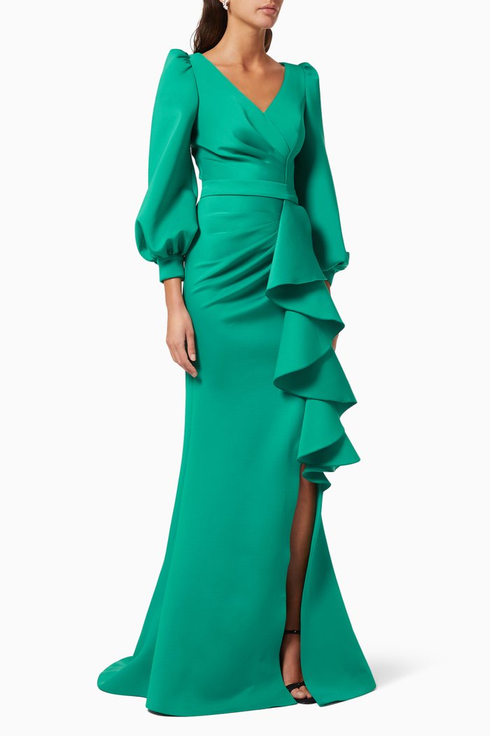 

Ruched Gown with Ruffles, Green