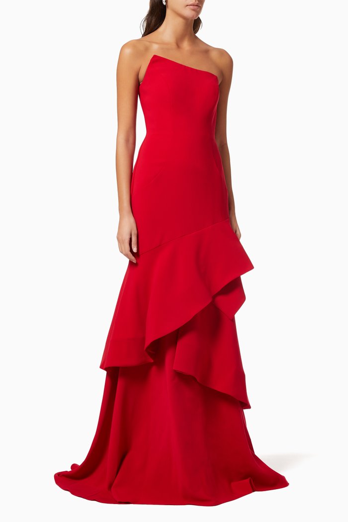 Asymmetric Tiered Gown in Crepe, Red