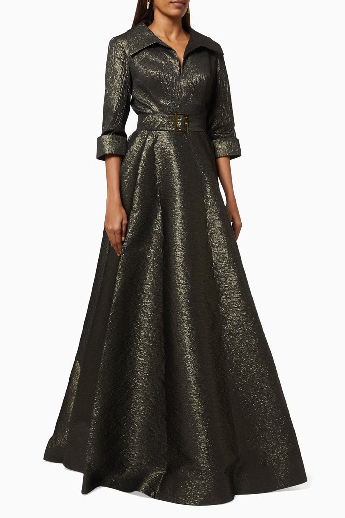 Metallic Collared Dress with Belt, Green