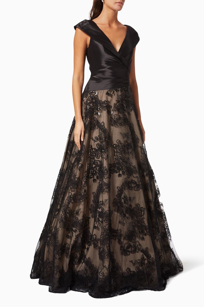 

V Neck Gown with Lace Embroidery, Black
