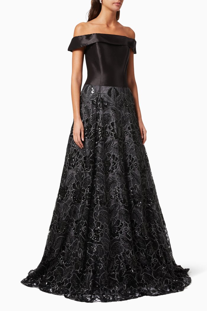 

Off Shoulder Gown with Lace Embroidery, Black