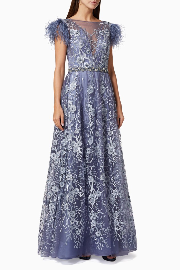 

Floral & Feather Embroidered Gown, Blue