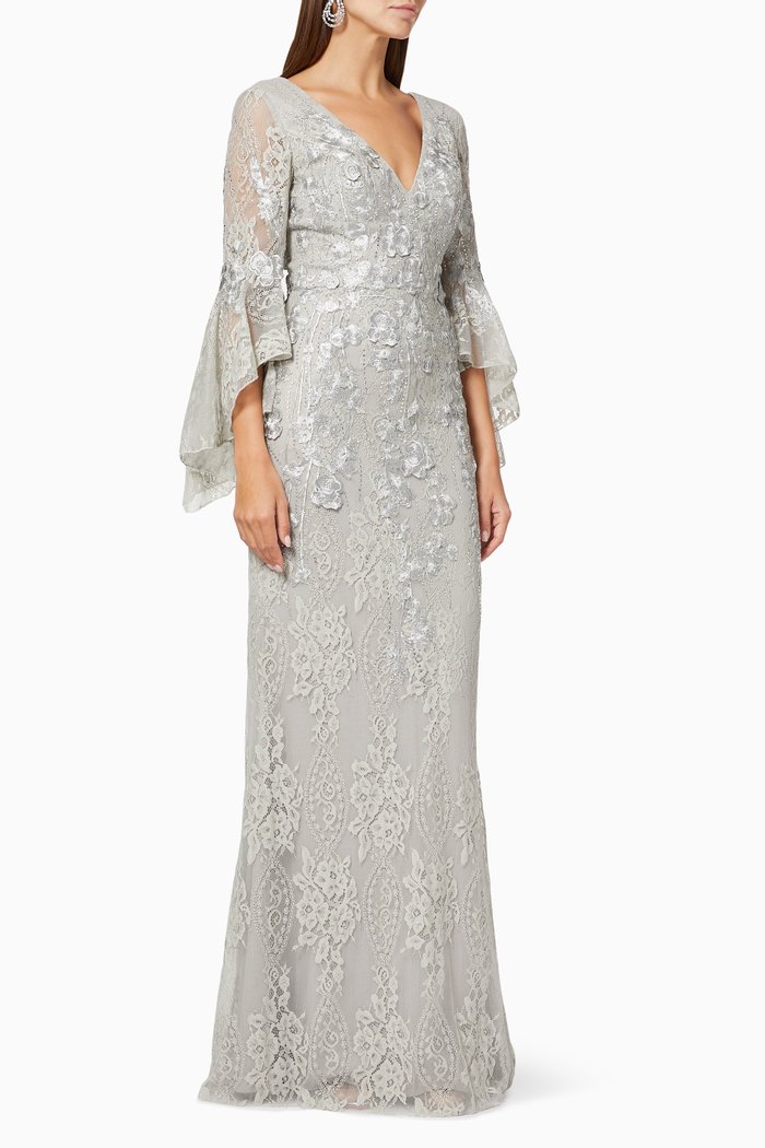

Flutter Sleeve Gown in Floral Lace, Silver