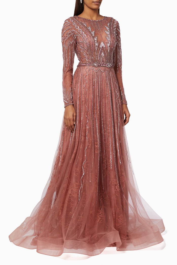 

Beaded Gown in Floral Tulle, Pink
