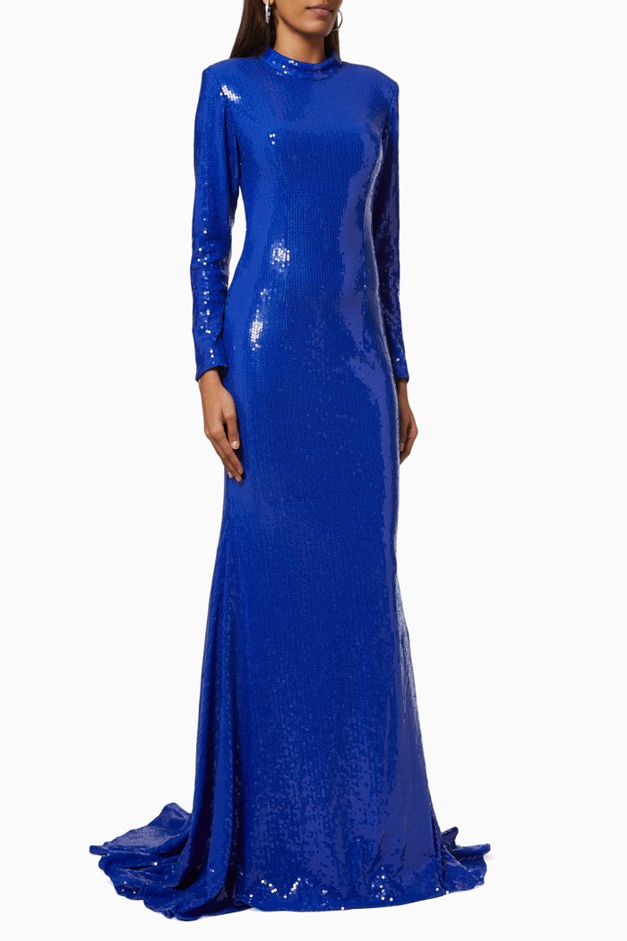 

High Neck Gown with Sequin Embellishment, Blue