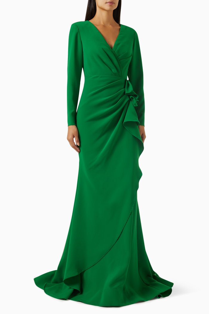 

Ruffle Maxi Dress in Crepe, Green