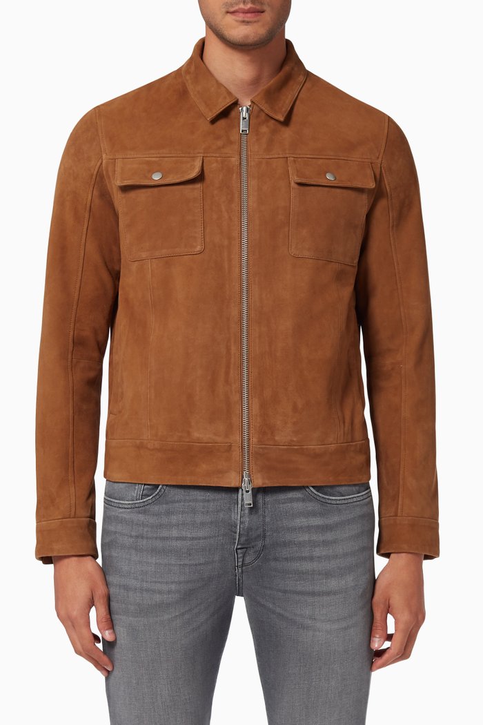 

Two Way Zip Jacket in Leather and Suede, Brown