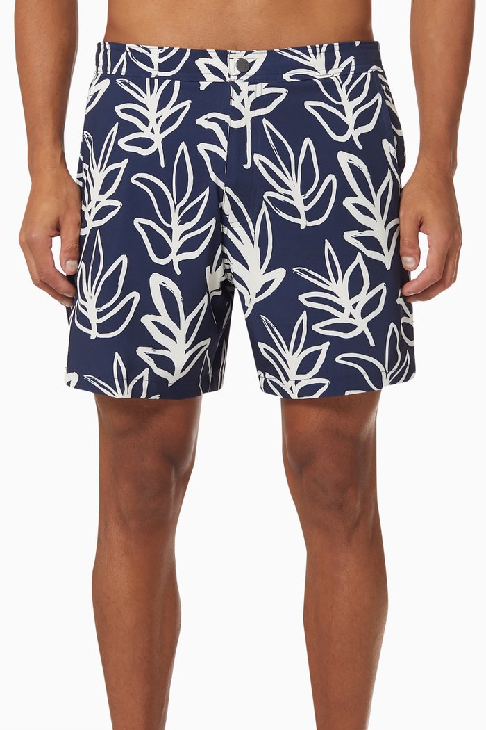 

Elastic Calder Leaves 6" Swim Trunks in Chambray, Blue