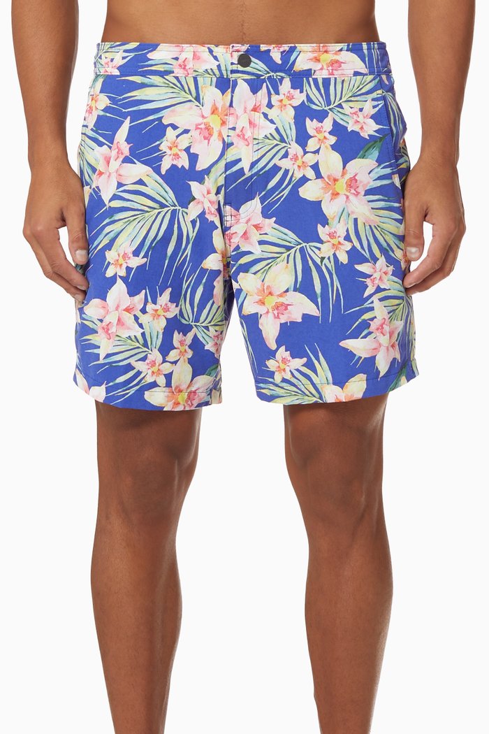 

Elastic Calder Floral 7.5" Swim Trunks in Nylon, Blue