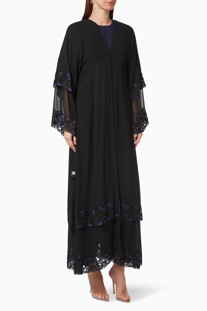 

Chiffon Abaya with Floral Embroidery, Black