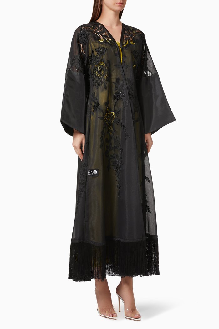 

Fringe Abaya with Floral Embroidery, Black