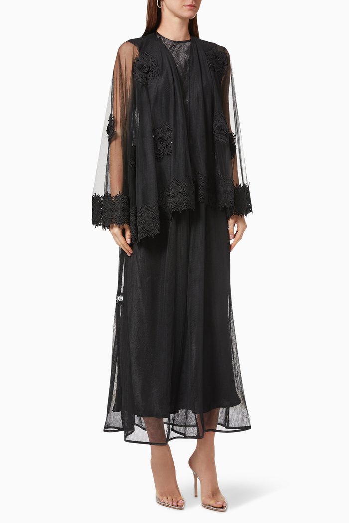 

Tulle Abaya with Floral Embroidery, Black