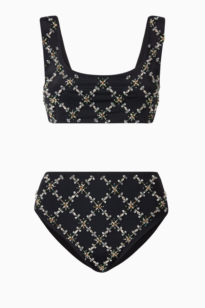 

Mary Francis Bikini Set in Sustainable Lycra & Swarovski Crystals, Black