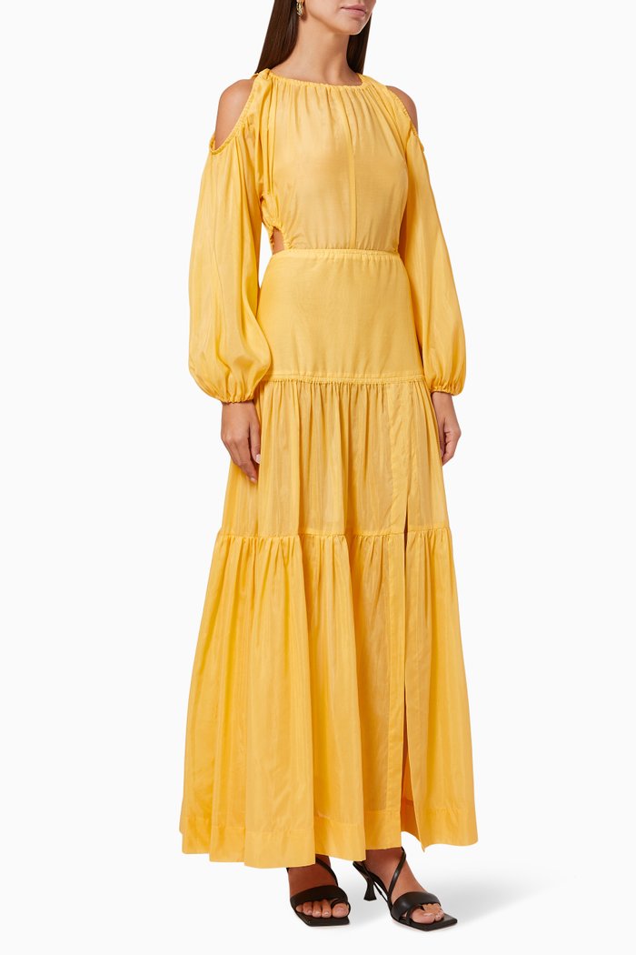 Papillon Maxi Dress in Cotton & Silk, Yellow