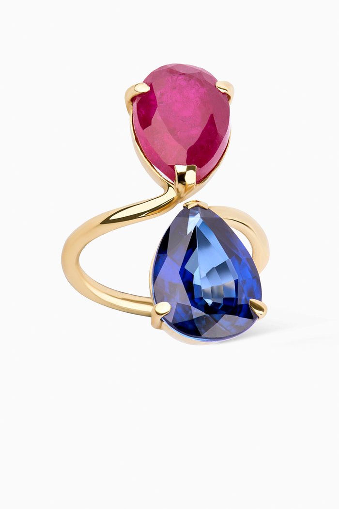 

Double Drops Ring with Sapphire & Ruby in 18kt Yellow Gold