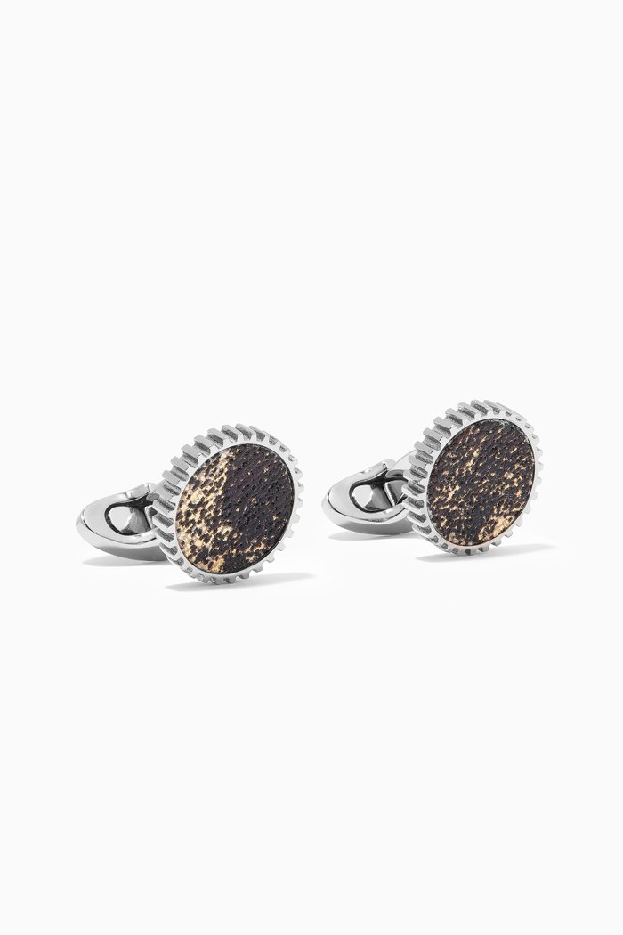 

Round Gear Cufflinks in Metallic Fabric & Titanium, Silver