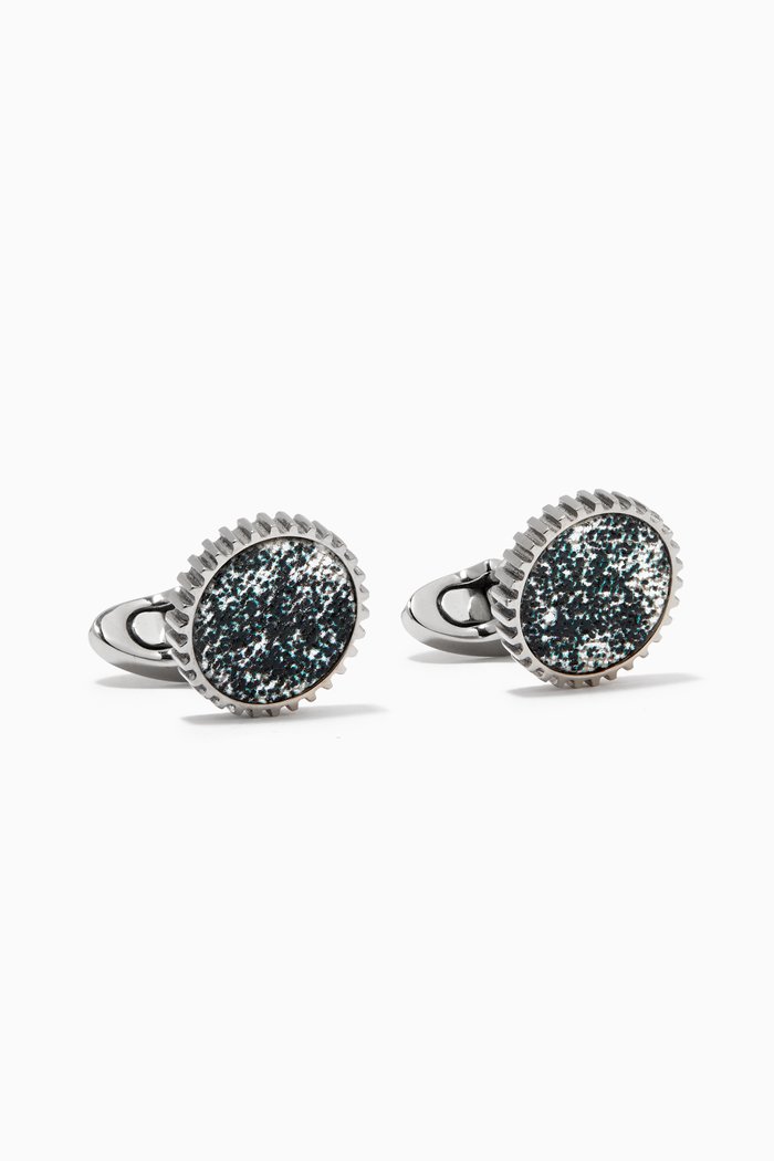 

Round Gear Cufflinks in Metallic Fabric & Titanium, Silver