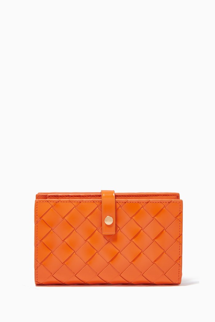 

French Wallet in Intrecciato Spazzolato Calfskin, Orange