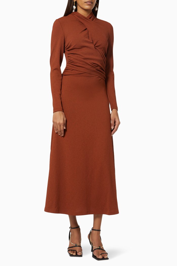 

Down to Long Sleeve Dress in Textured Knit, Brown