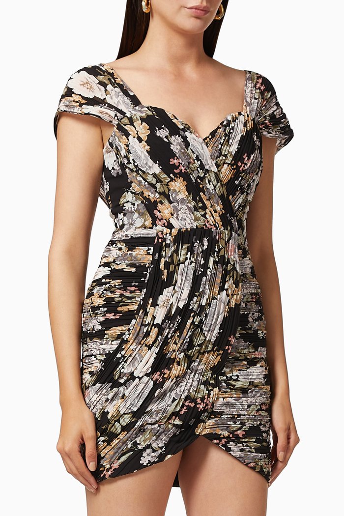 

Pleated Bardot Rose Mini Dress, Black
