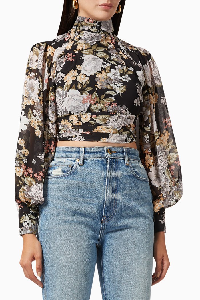 

Balloon Sleeve Open Back Top in Chiffon, Black
