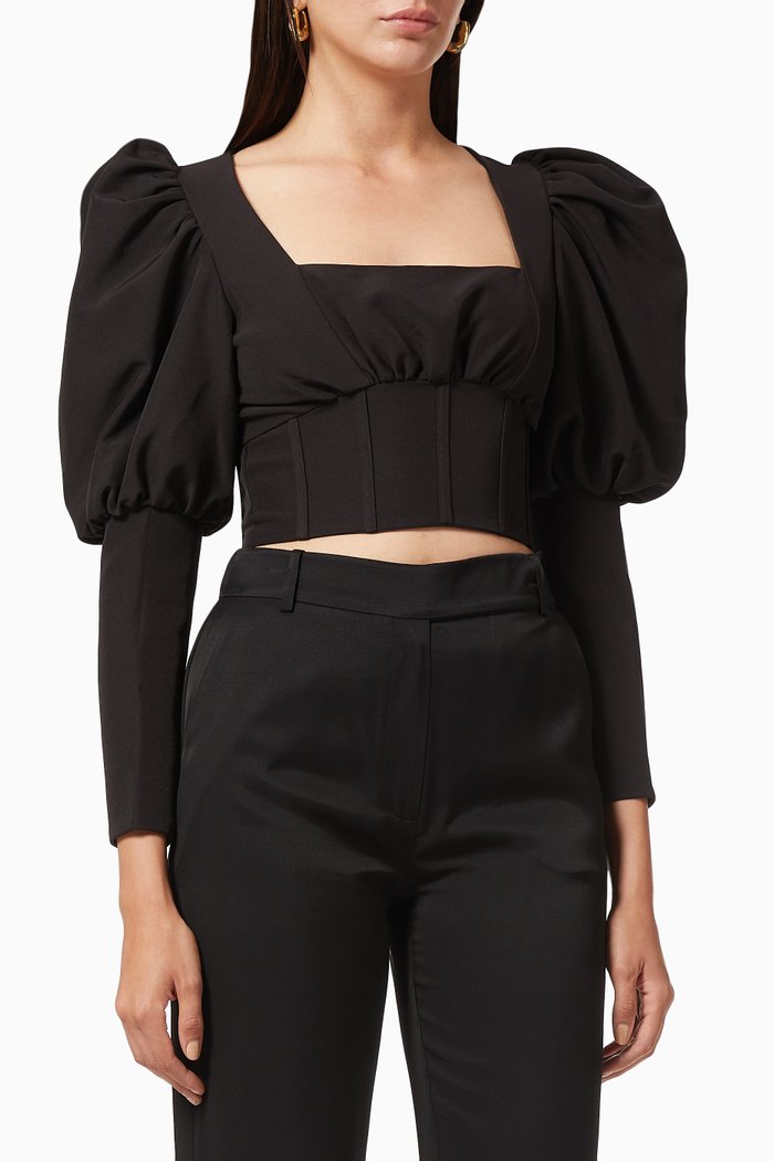 

Puff Sleeve Corset Style Top, Black