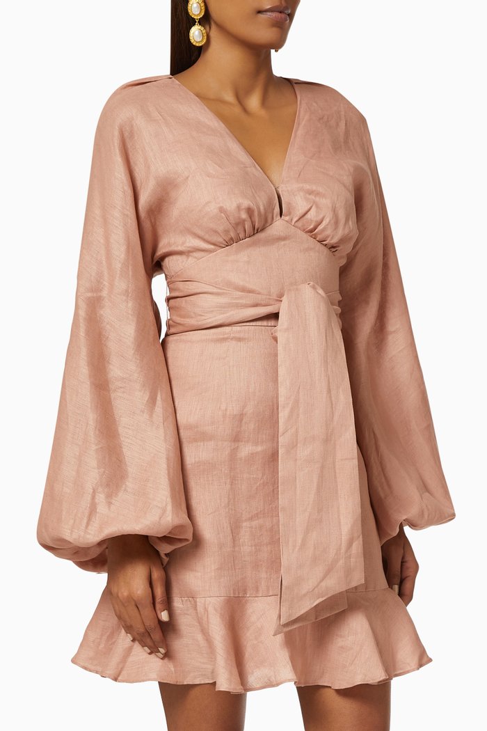 

Fallen Long Sleeves Dress in Linen, Brown