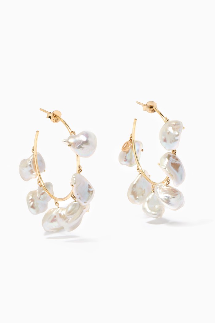 

Medium Pearl Hoops in 14kt Yellow Gold