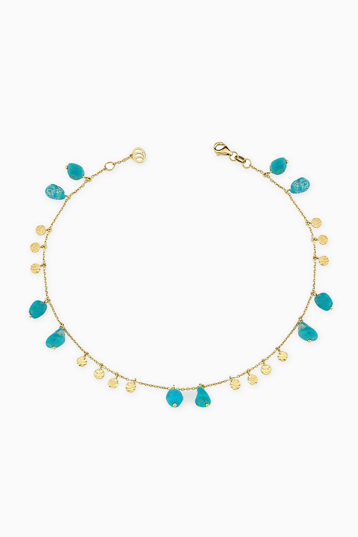 

Turquoise Anklet with Hammered Disks in 14kt Yellow Gold