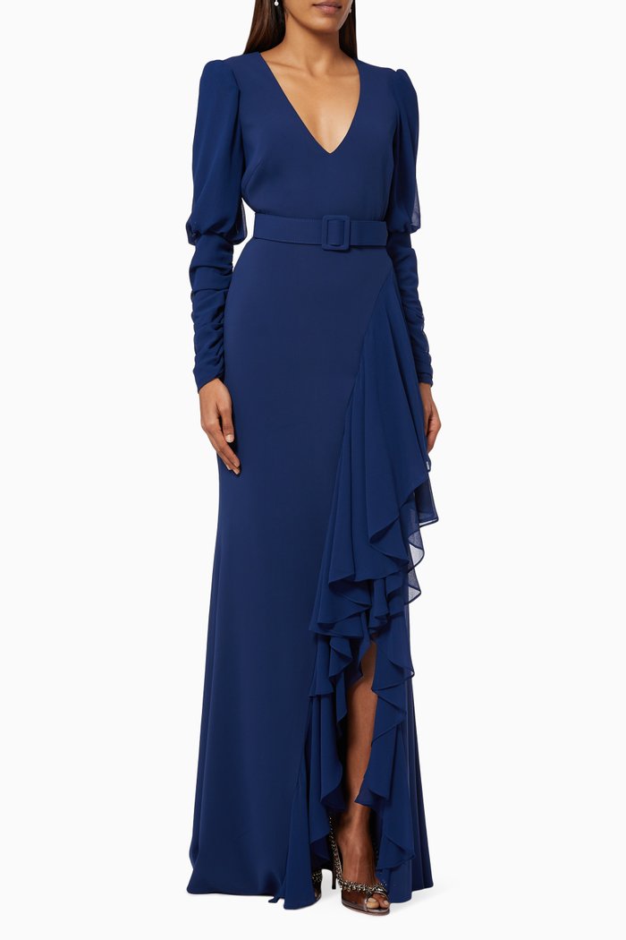 

Ruffle Gown in Stretch Crepe & Georgette, Blue