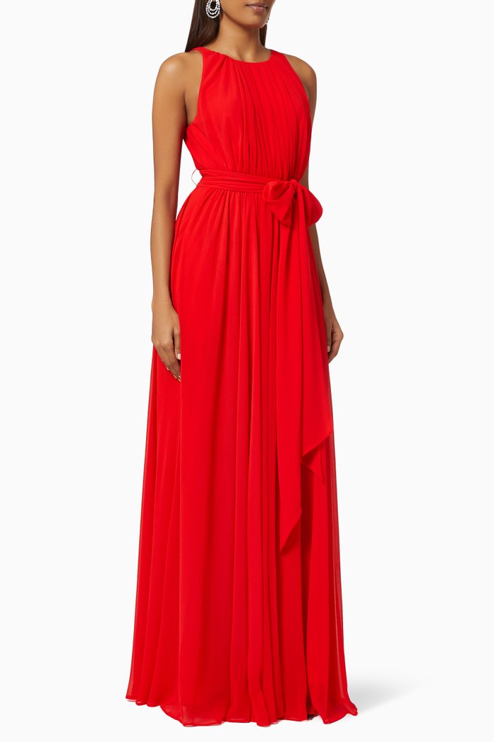 

Sleeveless Pleated Gown in Georgette, Red