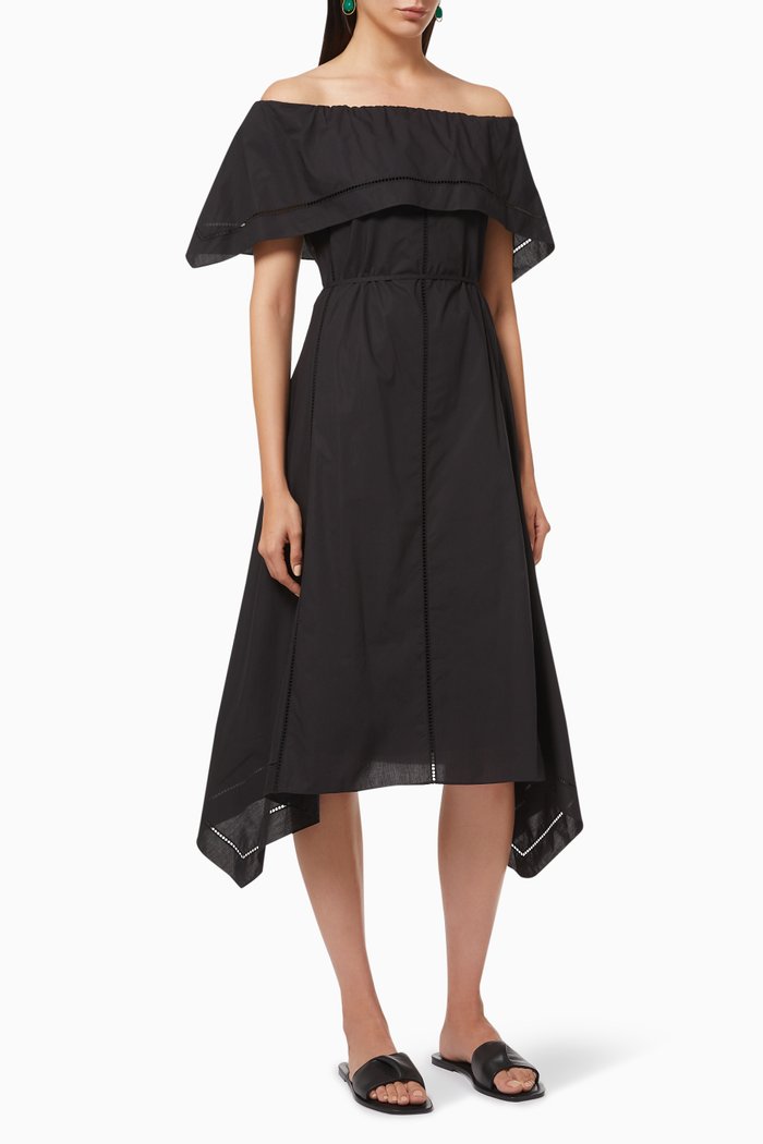 

Eyelet Off-The-Shoulder Dress in Cotton, Black